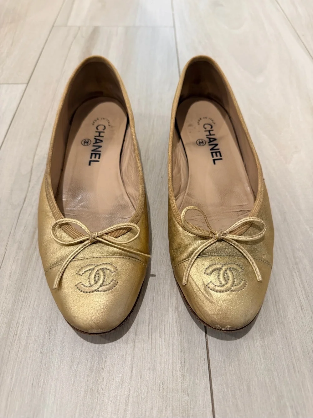 CHANEL Classic Leather Ballet Flats in Gold Size 38